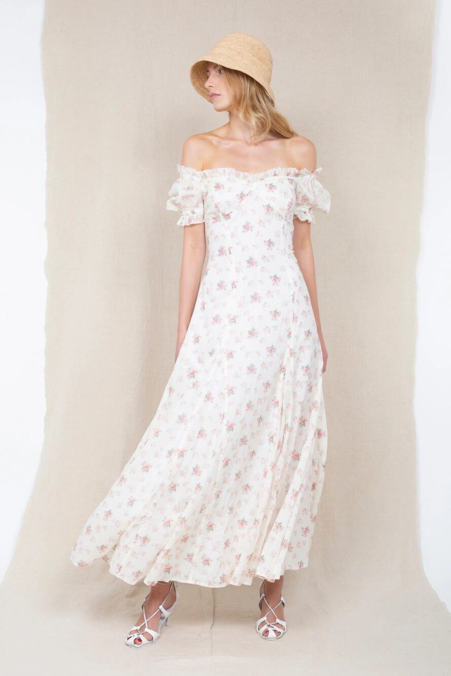 Polo Ralph Lauren Floral Puff Sleeve Maxi Dress - Cream & Pink Floral - Size 10